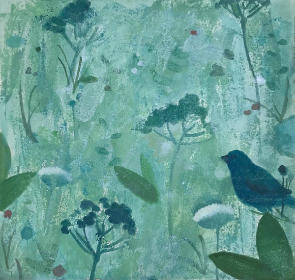 Indigo Bunting, acrylic on paper landscape painting by Philadelphia artist Lynne Campbell. 