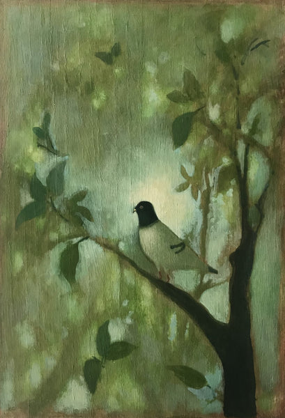 Pigeon (Vision in Rittenhouse Square), acrylic on wood painting by Philadelphia artist Lynne Campbell. Included in the exhibition Fine Feathered Friends at Cerulean Arts March 26 - April 20, 2025.