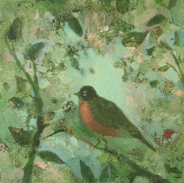 Robin in Spring, acrylic on wood painting by Philadelphia artist Lynne Campbell. Included in the exhibition Fine Feathered Friends at Cerulean Arts March 26 - April 20, 2025.