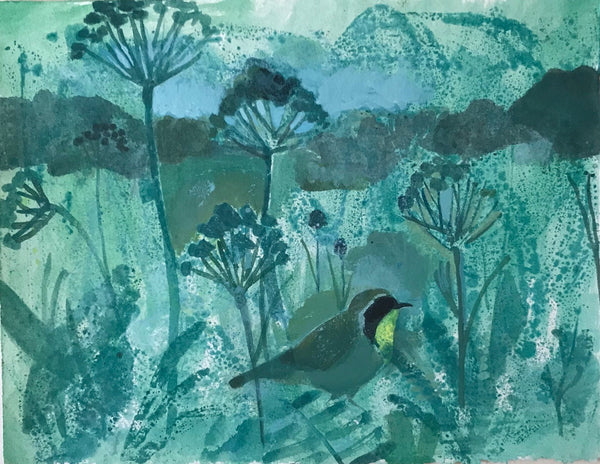 Yellowthroat, acrylic on paper landscape painting by Philadelphia artist Lynne Campbell. 