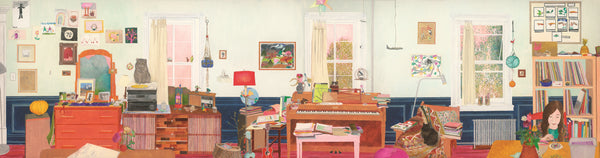 Colorful painting of a living room with a piano, a cat sitting on a chair, books, and art on the walls.