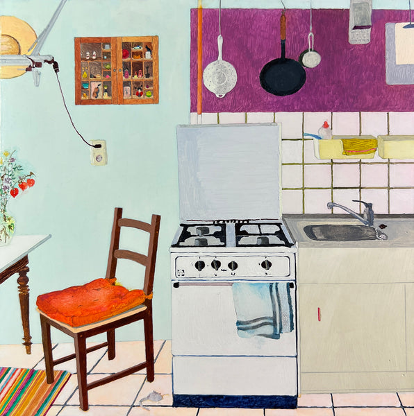Painting of a kitchen with a stove, sink, and chair.
