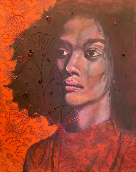 Artistic portrait with floral elements on an orange background