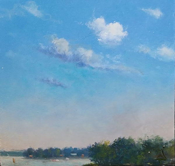 An impressionistic landscape painting featuring a vast blue sky with soft white clouds, a distant tree line, and a calm body of water in the foreground.