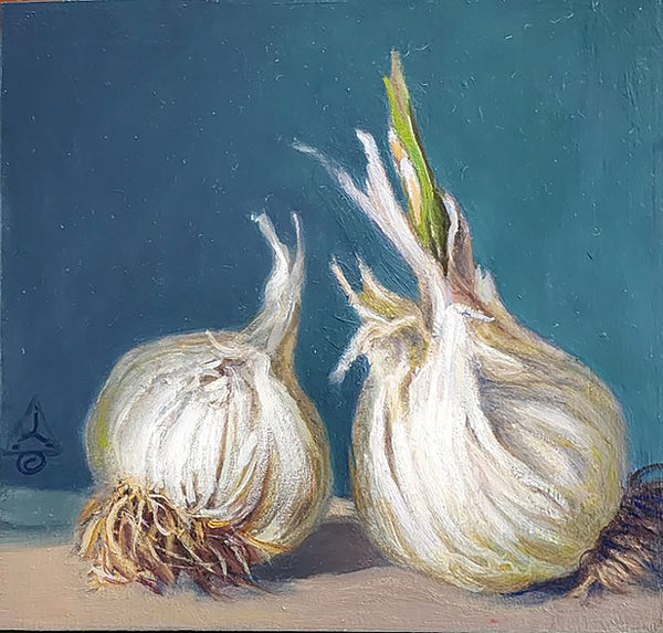 Two Garlic, oil on panel painting by Cerulean Arts Collective Member Philip J. Carroll.