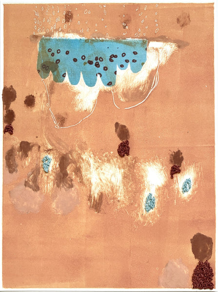 An abstract painting on textured paper featuring a warm tan background with a prominent light blue shape at the top, white gestural marks, and scattered dark brown and blue accents.