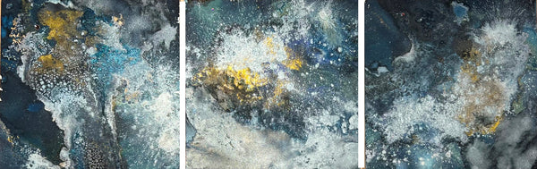 Triptych of abstract art pieces with a mix of blue, yellow, and gray colors on a textured background.