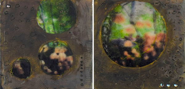 Diptych of abstract encaustic paintings with forest landscapes peeking through portals in what looks like tree bark texture