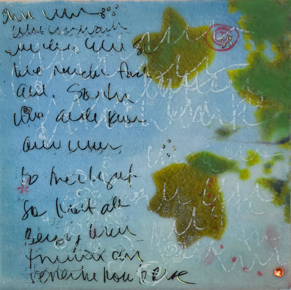 Abstract encaustic painting with text on a textured surface with green abstract shapes