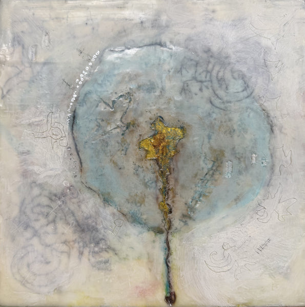 An abstract mixed-media painting featuring a central textured blue-green oval with a small gold and brown focal point, connected by a dark vertical line, set against a cream and gray background with visible brushstrokes and sketch-like linework.