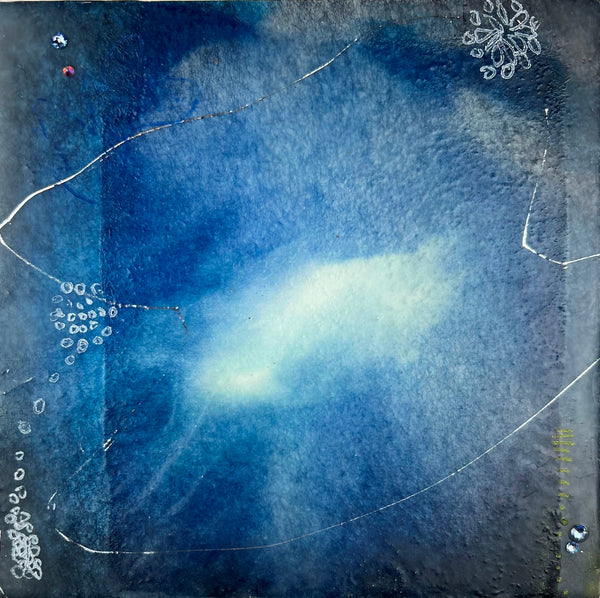 Abstract encaustic paintng with blue and white colors on a textured background