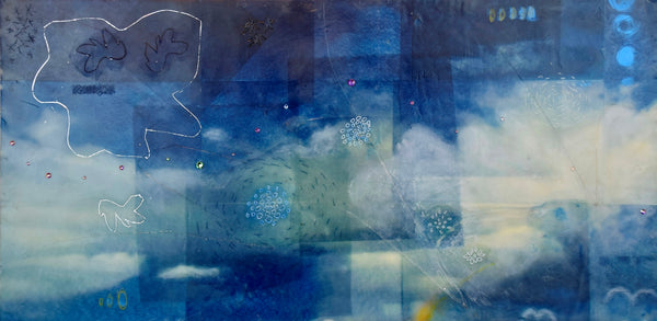Abstract encaustic artwork of a sky and clouds with blue and white tones, featuring geometric shapes and patterns.