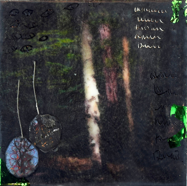 Abstract encaustic painting with a forest landscape with natural elements and text overlay