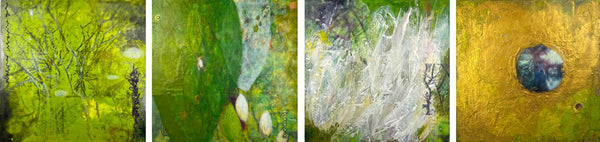 Four abstract encaustic paintings depicting the evolution of trees with varying textures and colors.