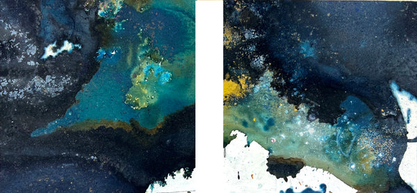 Two abstract art cyanotype paintings with dark blue, black, and teal colors.