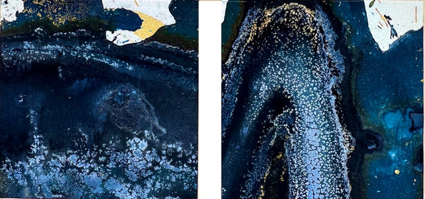 Diptych of abstract cyanotype paintings with blue, black, and white colors on a textured background