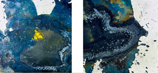 Two abstract art pieces with blue, black, and yellow colors on a textured background.