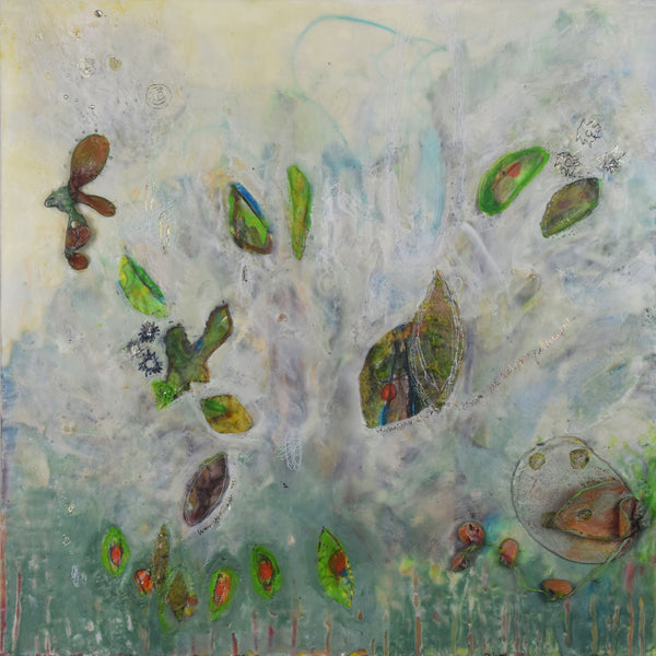 Grove, encaustic and mixed media on birch panel painting by artist Damini Celebre, available at Cerulean Arts. 