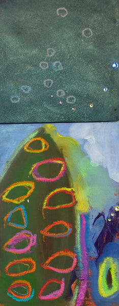 Colorful abstract mixed media painting with geometric shapes on a textured green background