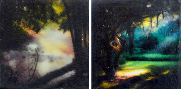 Two encaustic paintings of a forest scene with trees and ground.