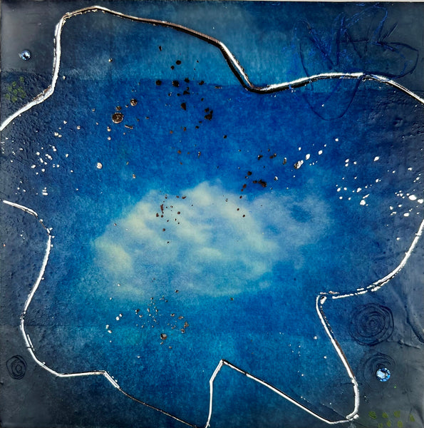 Abstract encaustic painting with blue and white colors on a dark background