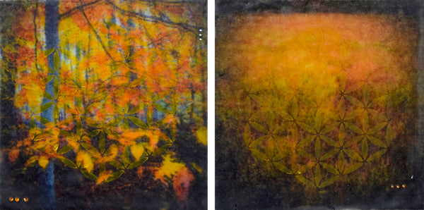 Two abstract encaustic paintings side by side with warm colors and intricate patterns.