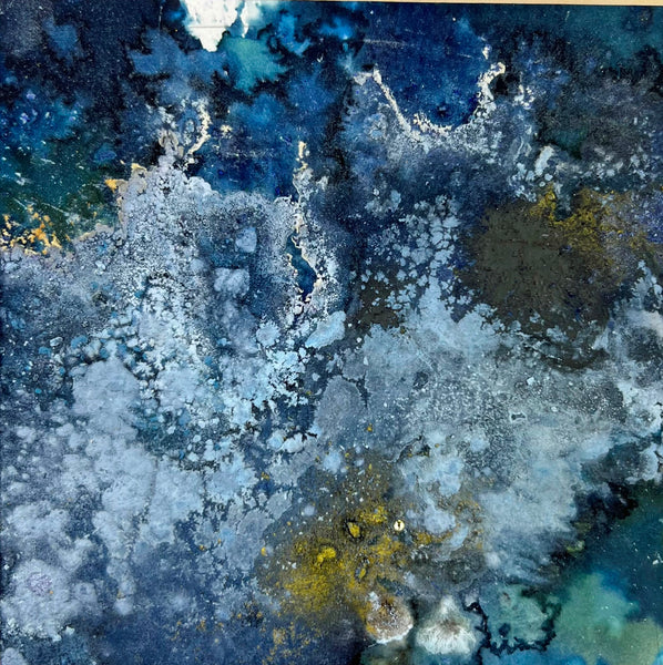 Abstract art with blue, white, and yellow colors