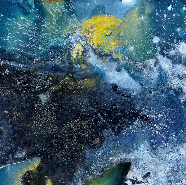 Abstract art with blue, yellow, and black colors