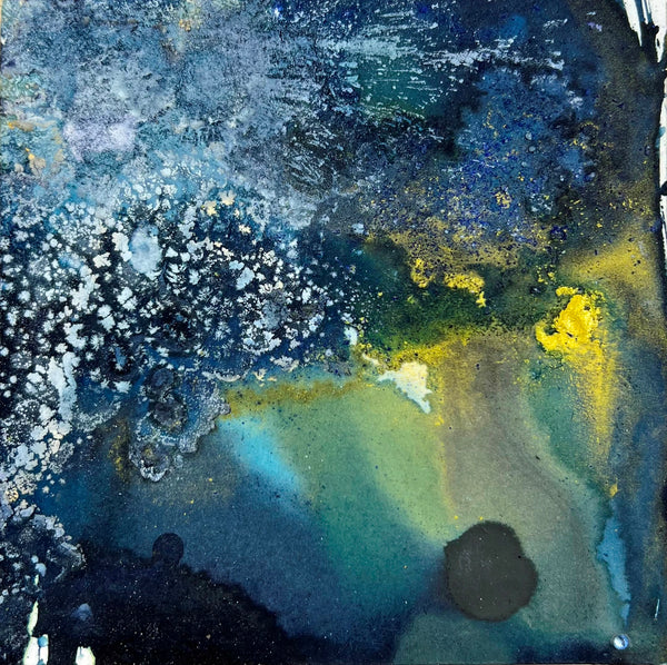 Abstract art with blue, yellow, and black colors