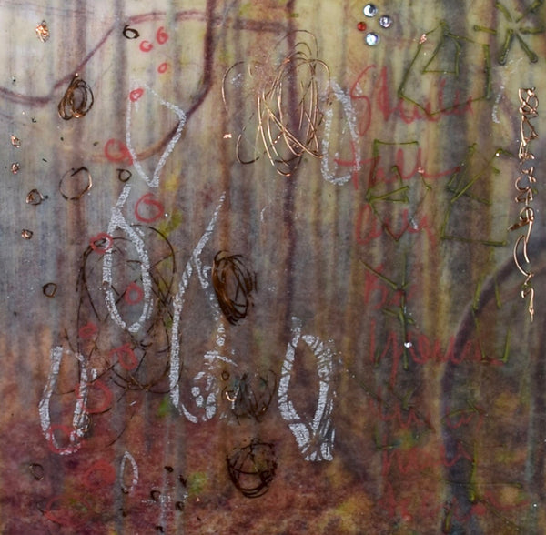Abstract encaustic painting with various forms and textures overlaying a forest landscape in fall tones