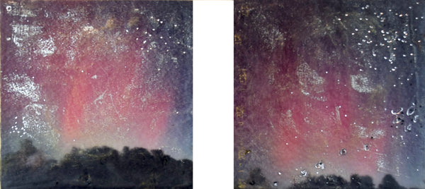 Diptych of encaustic paintings of a night sky with stars and possibly auroras in pink and purple