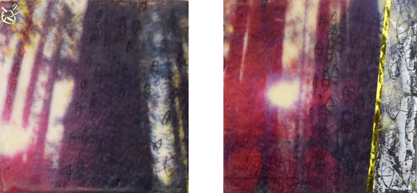 Diptych of encaustic paintings of abstract forest landscapes in vivid pink and purple.