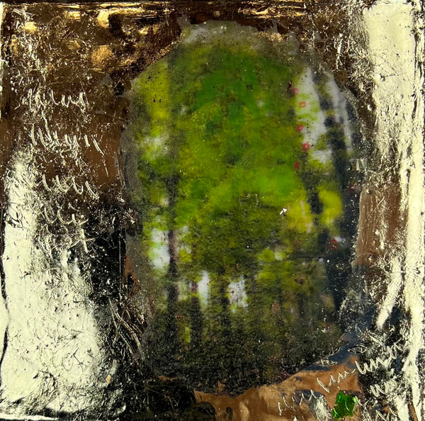 Abstract encaustic painting with a central green oval shape surrounded by textured gold and brown borders.