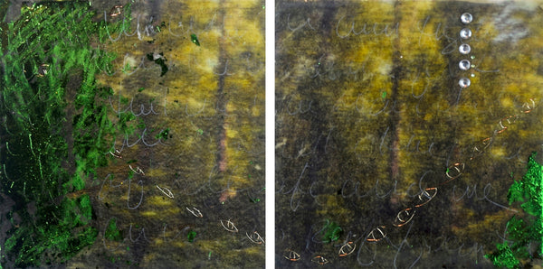 Two abstract encaustic paintings of forest landscapes with green and brown tones, featuring abstract patterns and text.