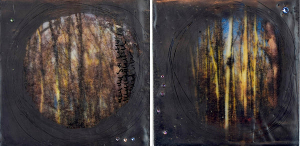 Two encaustic paintings side by side showing a forest scene through a circular lens with a dark border.