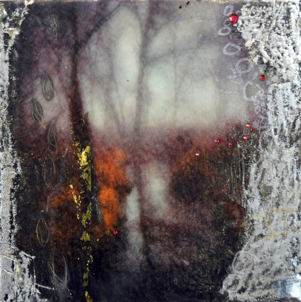Abstract art piece with a misty landscape and textured edges
