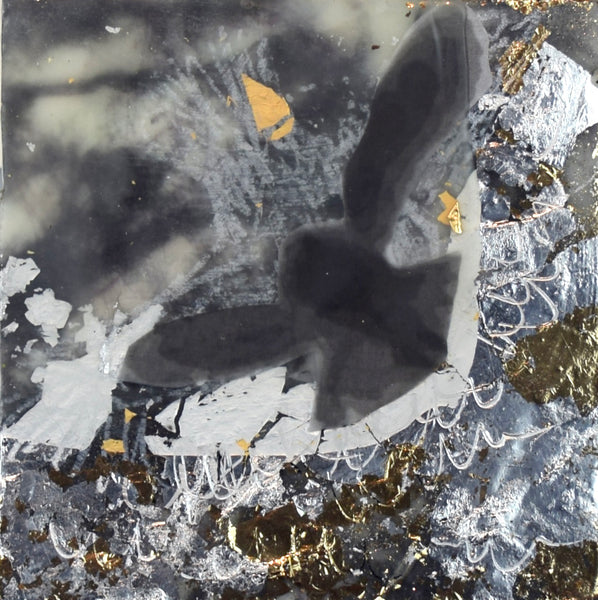 Abstract mixed media encaustic art piece with a bird shape on a textured gray background