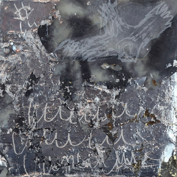Abstract mixed media encaustic painting with the silhouette of a bird over a dark textured background