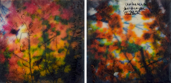 Two abstract art pieces with colorful patterns and text.