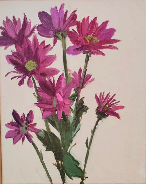 A painting of several pink and purple daisy-like flowers with green stems and leaves on a plain off-white background.