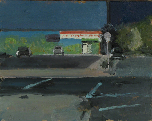 Painting of a market building and parking lot.