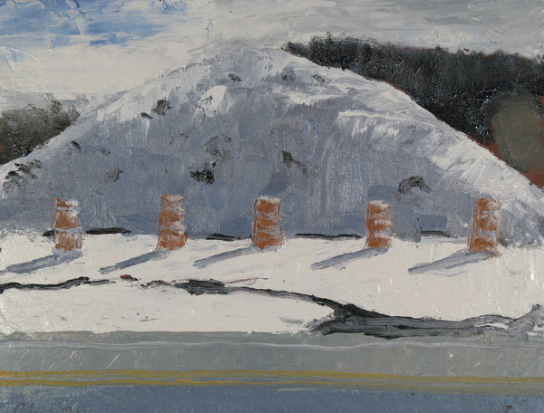 Painting of a snow pile with traffic barriers.
