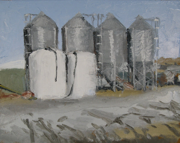 Painting of farm silos in the country.
