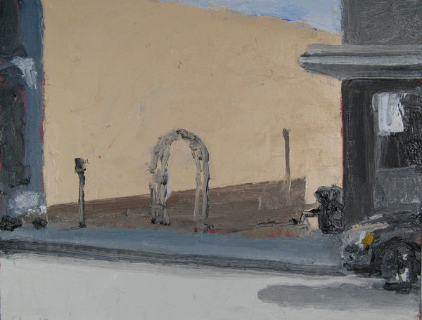 Painting of a street scene with buildings.