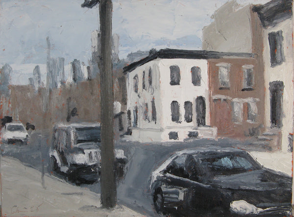 Painting of an urban street scene with cars and buildings
