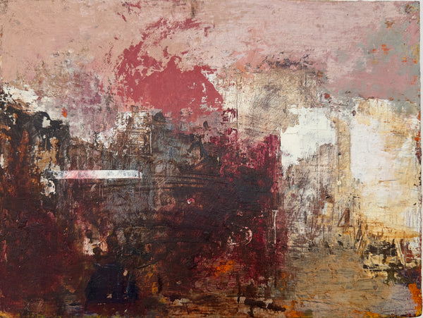 Abstract painting with a mix of red, brown, and beige colors on a textured surface.