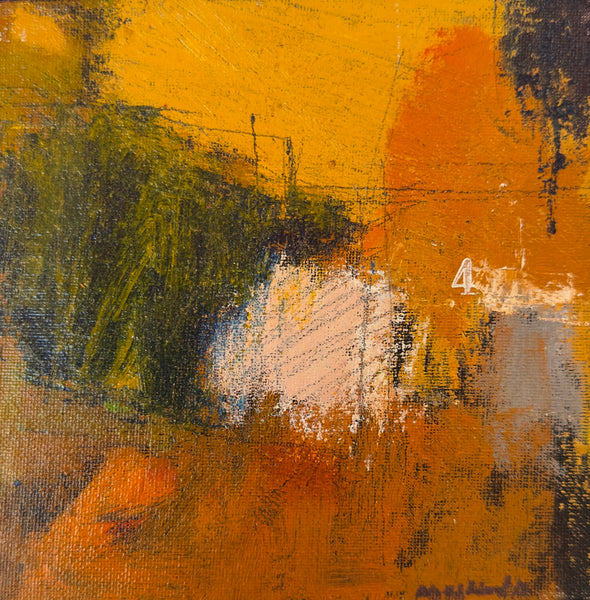 Abstract painting with a mix of orange, green, and brown colors.