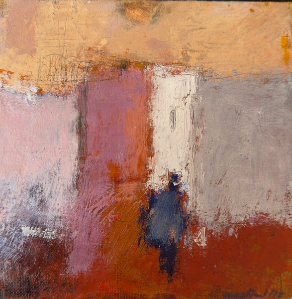 Abstract cityscape painting in warm colors.