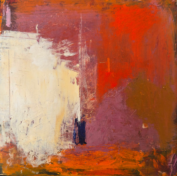 Abstract cityscape painting in warm colors.