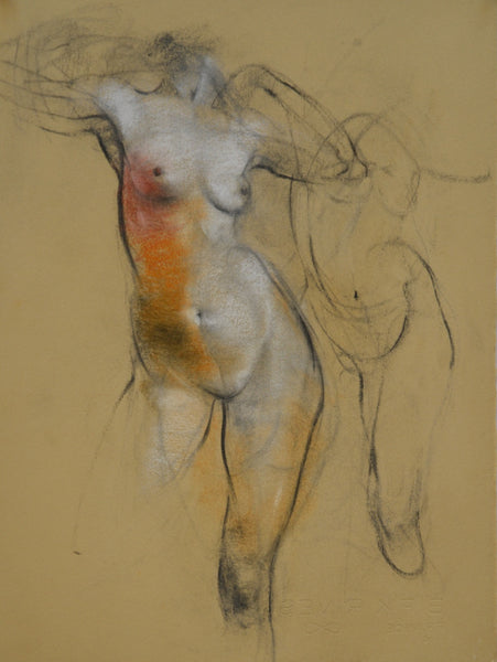 Artistic sketch of a nude figure with colored elements on a beige background